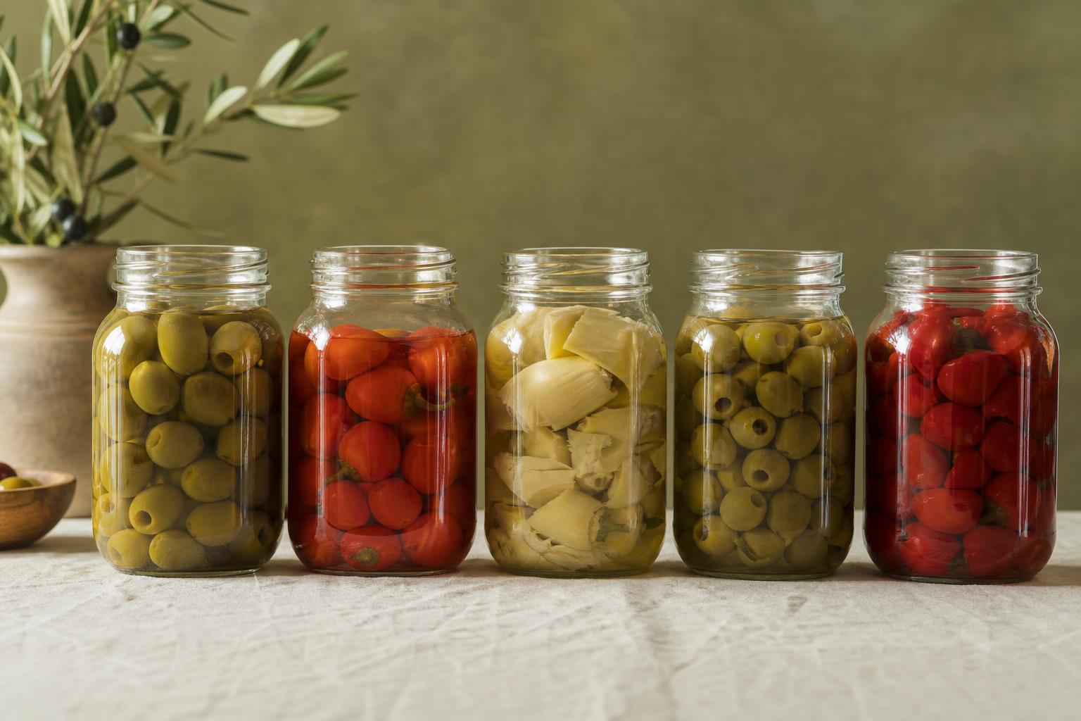 Private label jars of olives, peppers and artichokes